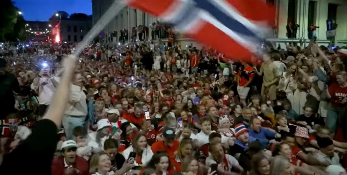 Thousands of jubilant Norway fans flooded the streets of Oslo into the early hours of Monday (July 6), performing the team's now-famous Viking rowing celebration. Video still. Thousands of jubilant Norway fans flooded the streets of Oslo into the early hours of Monday (July 6), performing the team's now-famous Viking rowing celebration. Video still.