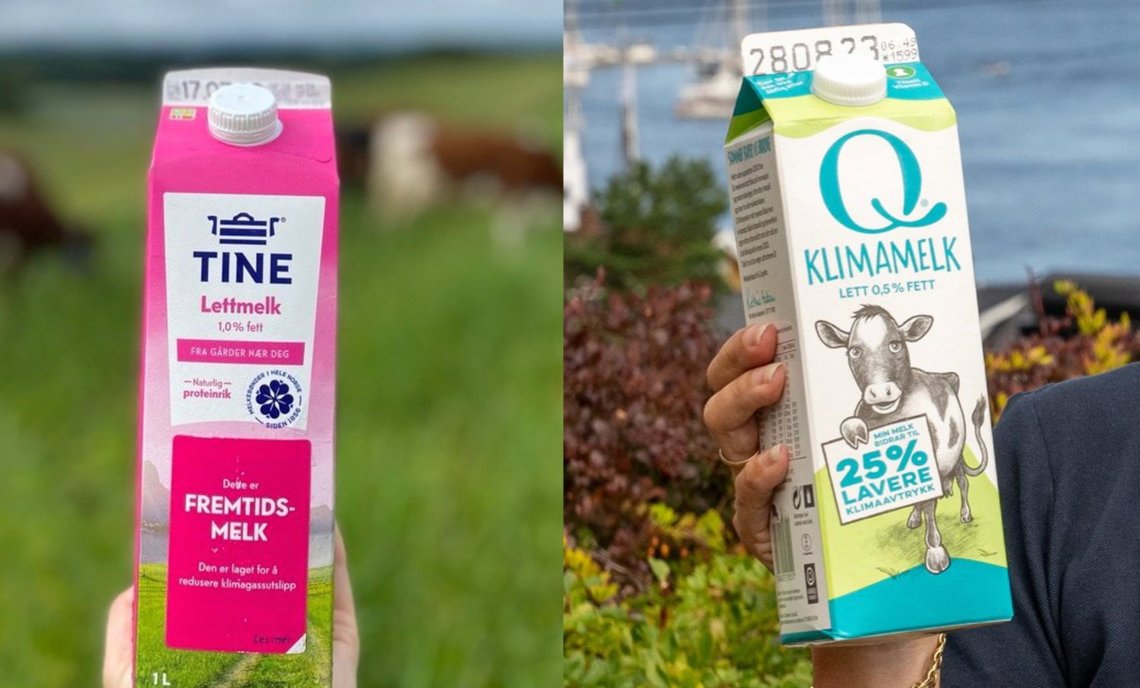 Left: TINE "Fremtidsmelk" (Future Milk) carton promoted as climate-reduced (related to the Bovaer scandal).
Right: Q-meieriene (competitor) Klimamelk carton, which gained market share after the TINE Bovaer controversy. Photos: Nationen / Bondebladet (Norwegian agricultural press) Left: TINE "Fremtidsmelk" (Future Milk) carton promoted as climate-reduced (related to the Bovaer scandal).
Right: Q-meieriene (competitor) Klimamelk carton, which gained market share after the TINE Bovaer controversy. Photos: Nationen / Bondebladet (Norwegian agricultural press)
