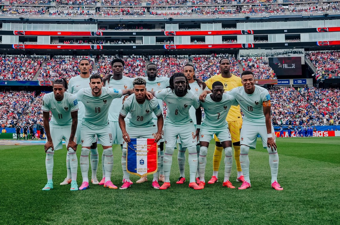 France's starting XI pose for the team photograph before the 2026 FIFA World Cup match against Norway at Boston Stadium on 26 June 2026. France went on to win 4–1. Photo: French Football Federation (FFF). France's starting XI pose for the team photograph before the 2026 FIFA World Cup match against Norway at Boston Stadium on 26 June 2026. France went on to win 4–1. Photo: French Football Federation (FFF).