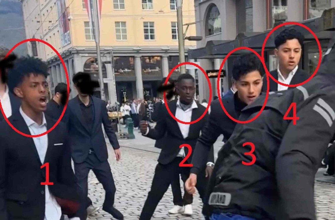 A still image from video footage of the attack on the blue-overall graduates (blårussen) circulated on social media following the incident in an effort to identify the perpetrators. Helgheim shared a different still from the same video. (Photo: Video still/PatriotBergen via X) A still image from video footage of the attack on the blue-overall graduates (blårussen) circulated on social media following the incident in an effort to identify the perpetrators. Helgheim shared a different still from the same video. (Photo: Video still/PatriotBergen via X)