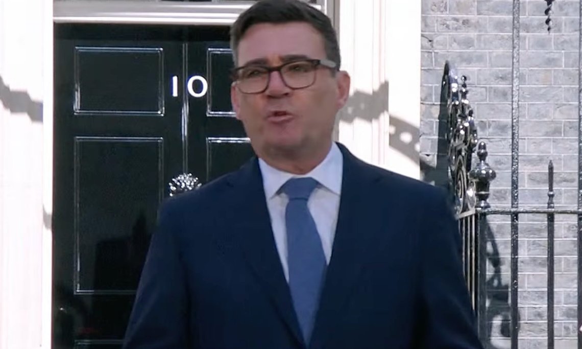 Britain's new Prime Minister, Andy Burnham outside 10 Downing Street in London. Video still. Britain's new Prime Minister, Andy Burnham outside 10 Downing Street in London. Video still.