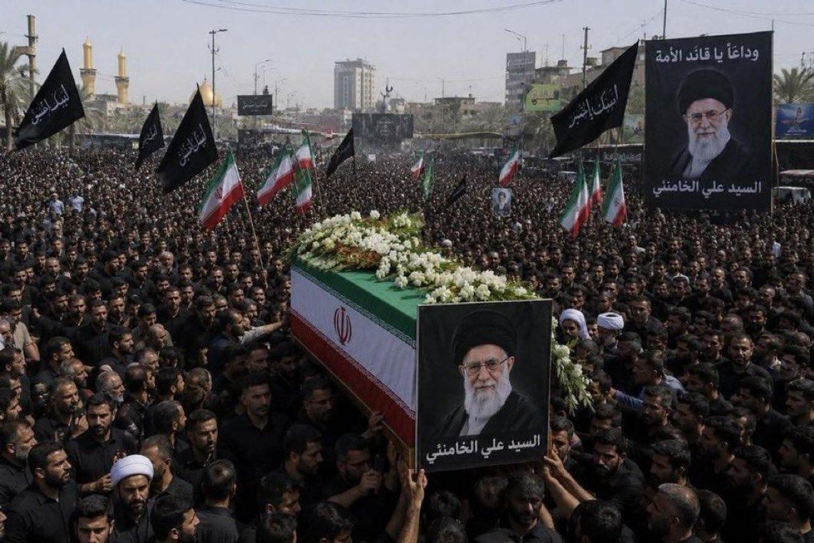 Ali Khamenei's coffin alongside family members during the state funeral ceremony in Tehran, July 2026.
Source: Khamenei.ir via Wikimedia Commons CC BY 4.0 Ali Khamenei's coffin alongside family members during the state funeral ceremony in Tehran, July 2026.
Source: Khamenei.ir via Wikimedia Commons CC BY 4.0