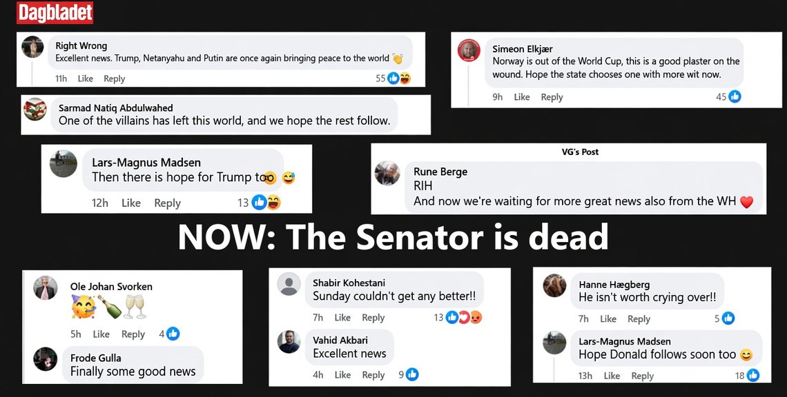 Facebook post from Dagbladet about Senator Lindsey Graham’s death (edited screenshot). Inserted reader comments from Norwegian tabloids Dagbladet and VG. Facebook post from Dagbladet about Senator Lindsey Graham’s death (edited screenshot). Inserted reader comments from Norwegian tabloids Dagbladet and VG.