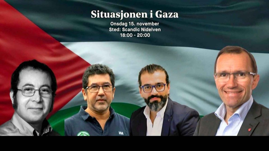 Bassam Hussein (left) was the keynote speaker, alongside Norway's Minister of Foreign Affairs Espen Barth Eide (right), Karim Tahir, a Labour Party member of Trondheim City Council who sought asylum in 2016, and Andrew Preston of Norwegian People's Aid (Norsk Folkehjelp), when Trondheim Labour Party organised an anti-Israel meeting just one month after the large-scale terrorist attack on Israel. Barth Eide was occupied with bringing Gaza "Norwegians" to Norway and did not attend, while Hussein again delivered a fiery speech against the world's only Jewish state. Photo: From the event invitation. Bassam Hussein (left) was the keynote speaker, alongside Norway's Minister of Foreign Affairs Espen Barth Eide (right), Karim Tahir, a Labour Party member of Trondheim City Council who sought asylum in 2016, and Andrew Preston of Norwegian People's Aid (Norsk Folkehjelp), when Trondheim Labour Party organised an anti-Israel meeting just one month after the large-scale terrorist attack on Israel. Barth Eide was occupied with bringing Gaza "Norwegians" to Norway and did not attend, while Hussein again delivered a fiery speech against the world's only Jewish state. Photo: From the event invitation.