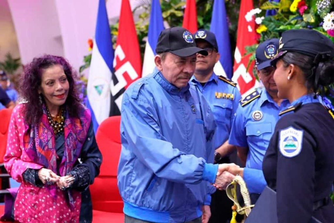 Nicaraguan President Daniel Ortega greets a police officer during a public ceremony, accompanied by Vice-President Rosario Murillo, in Managua. Photo: Presidencia de Nicaragua (government handout / official photograph). Nicaraguan President Daniel Ortega greets a police officer during a public ceremony, accompanied by Vice-President Rosario Murillo, in Managua. Photo: Presidencia de Nicaragua (government handout / official photograph).
