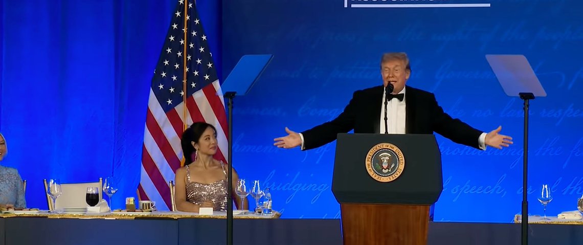 White House press corps dinner. President Trump delivers remarks, July 24th 2026. Video still. White House press corps dinner. President Trump delivers remarks, July 24th 2026. Video still.