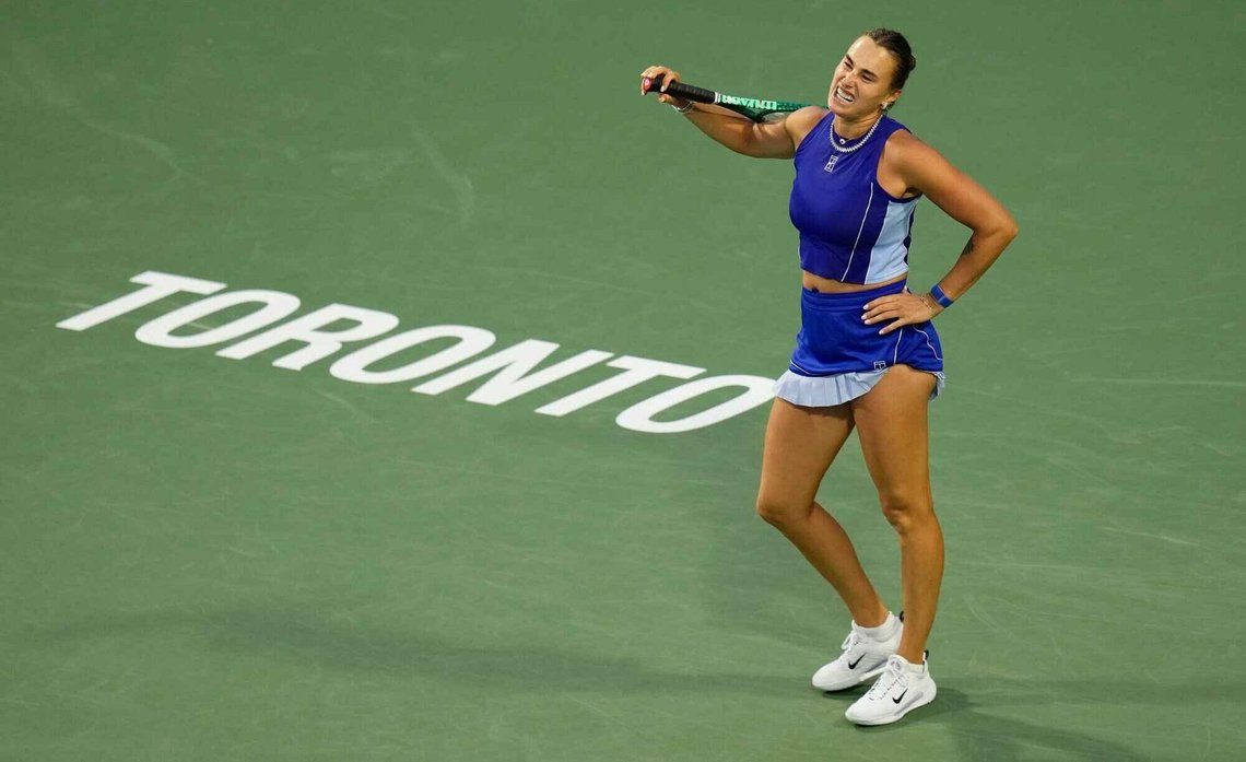 Aryna Sabalenka reacts after her win over Japan's Moyuka Uchijima during a National Bank Open tennis match in Toronto on Tuesday, Aug. 4, 2026. Aryna Sabalenka reacts after her win over Japan's Moyuka Uchijima during a National Bank Open tennis match in Toronto on Tuesday, Aug. 4, 2026.