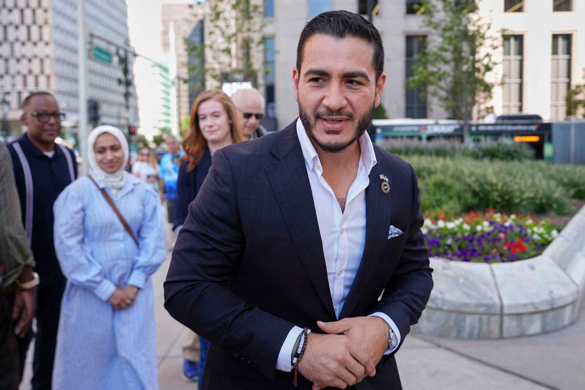 Abdul El-Sayed arrives for a news conference at the Spirit of Detroit shortly after winning the Democratic nomination for U.S. Senate in Michigan, Wednesday, Aug. 5, 2026, in Detroit. Abdul El-Sayed arrives for a news conference at the Spirit of Detroit shortly after winning the Democratic nomination for U.S. Senate in Michigan, Wednesday, Aug. 5, 2026, in Detroit.
