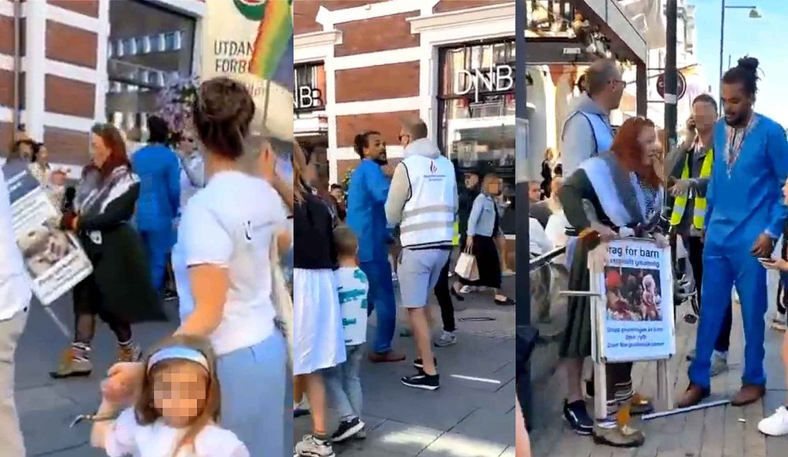 A video recorded by one of the witnesses captured the woman who was reported to police destroying the Democrats of Norway’s sign, before her husband (in blue) tries to prevent Dag-Øyvind Lauvnes from retrieving it. A video recorded by one of the witnesses captured the woman who was reported to police destroying the Democrats of Norway’s sign, before her husband (in blue) tries to prevent Dag-Øyvind Lauvnes from retrieving it.