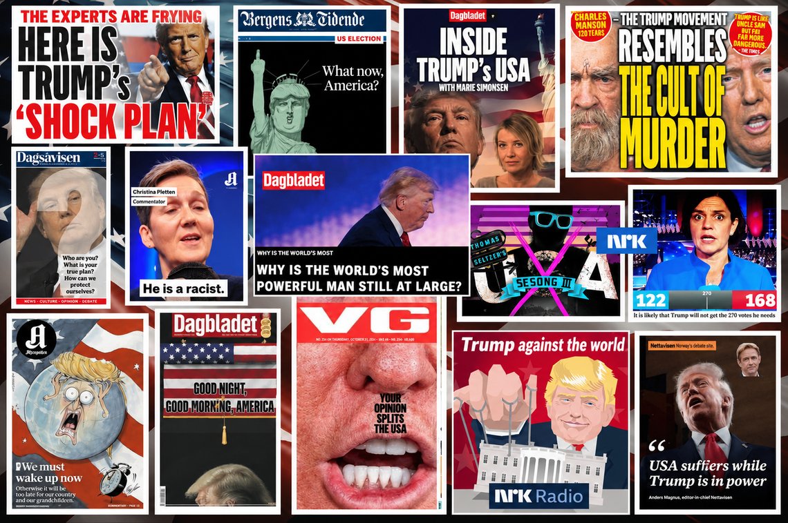 Various screenshots of front pages and headlines in the Norwegian media, AI-translated into English, in the years since Donald Trump announced his presidential candidacy. Various screenshots of front pages and headlines in the Norwegian media, AI-translated into English, in the years since Donald Trump announced his presidential candidacy.