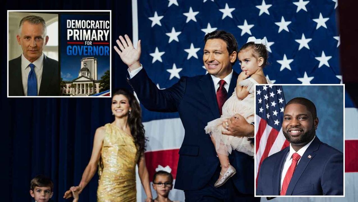 The DeSantis family on election night, 8 November 2022. Photo: Wikimedia. Inset images: Democratic gubernatorial candidate David Jolly. Screenshot from YouTube. Republican gubernatorial candidate Byron Donalds. Photo: Wikipedia. The DeSantis family on election night, 8 November 2022. Photo: Wikimedia. Inset images: Democratic gubernatorial candidate David Jolly. Screenshot from YouTube. Republican gubernatorial candidate Byron Donalds. Photo: Wikipedia.