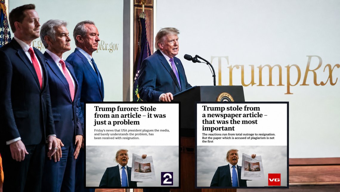 Main image: Launch of TrumpRx, a federal website offering discounts on prescription drugs. President Trump and, from left: Joe Gebbia, Dr Mehmet Oz and Robert F. Kennedy Jr. Source: The White House (fair use). Inset images: Front pages of VG and TV2. Main image: Launch of TrumpRx, a federal website offering discounts on prescription drugs. President Trump and, from left: Joe Gebbia, Dr Mehmet Oz and Robert F. Kennedy Jr. Source: The White House (fair use). Inset images: Front pages of VG and TV2.