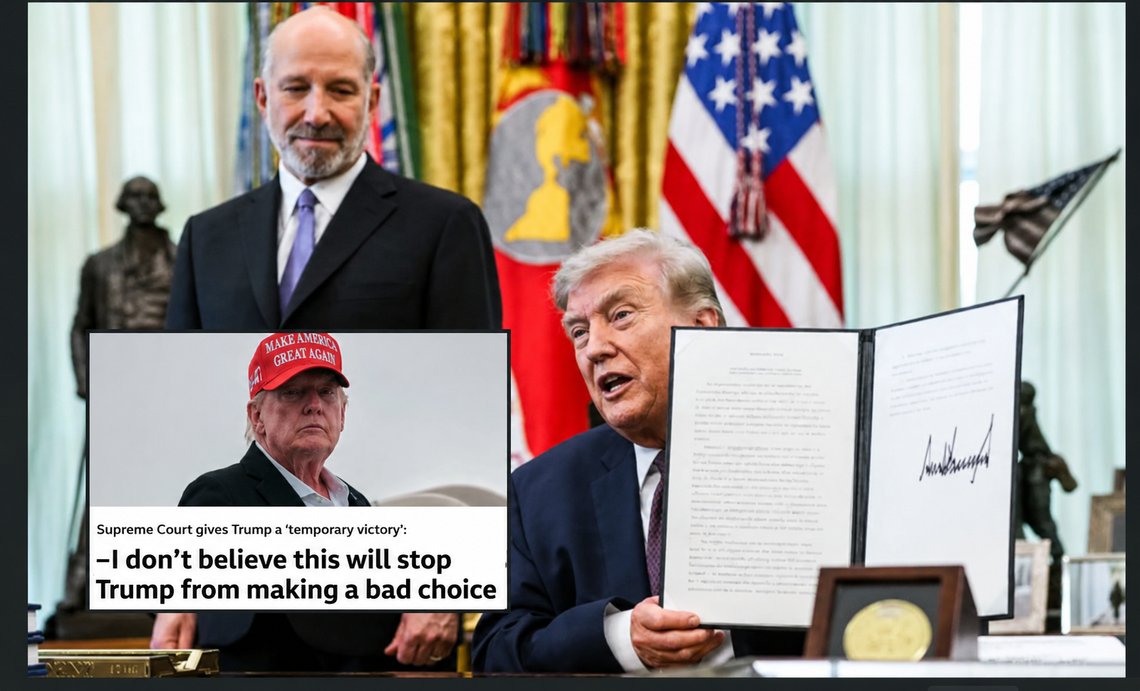 President Trump signs an executive order on mail-in voting. Photo: The White House (fair use). Inset: Screenshot from an NRK article: ‘Supreme Court gives Trump a “temporary victory” on mail-in voting.’ President Trump signs an executive order on mail-in voting. Photo: The White House (fair use). Inset: Screenshot from an NRK article: ‘Supreme Court gives Trump a “temporary victory” on mail-in voting.’
