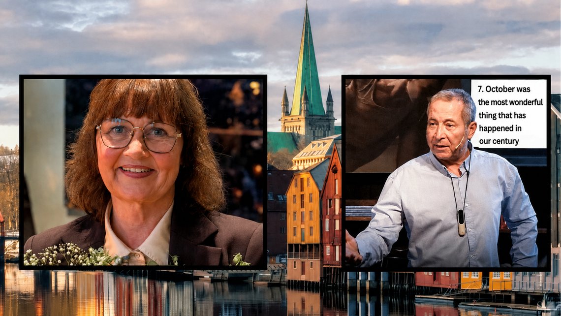 Trondheim and Nidaros Cathedral, seen from the River Nidelva. Photo: Shutterstock / Mirko Carnevale. Inset images: Niina Westad, photo: Facebook. Still of Bassam Hussein during a debate at Litteraturhuset in Trondheim on 21 April 2026, organised by Sosialistisk Forum Trondheim. Trondheim and Nidaros Cathedral, seen from the River Nidelva. Photo: Shutterstock / Mirko Carnevale. Inset images: Niina Westad, photo: Facebook. Still of Bassam Hussein during a debate at Litteraturhuset in Trondheim on 21 April 2026, organised by Sosialistisk Forum Trondheim.