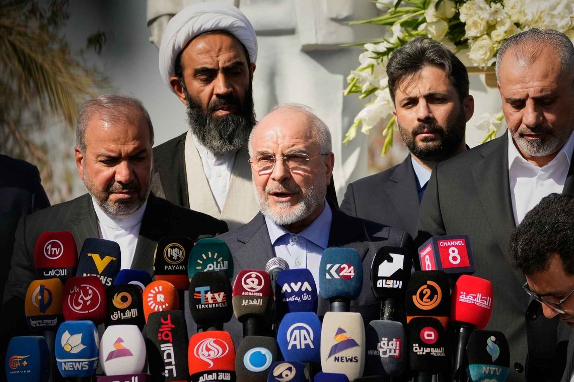 Iranian Parliament Speaker Mohammad Baqer Qalibaf addresses attendees at the site near Baghdad International Airport where Iranian military commander Qassem Soleimani was killed in a U.S. drone strike, in Baghdad, Iraq, Wednesday, Aug. 19, 2026. Iranian Parliament Speaker Mohammad Baqer Qalibaf addresses attendees at the site near Baghdad International Airport where Iranian military commander Qassem Soleimani was killed in a U.S. drone strike, in Baghdad, Iraq, Wednesday, Aug. 19, 2026.