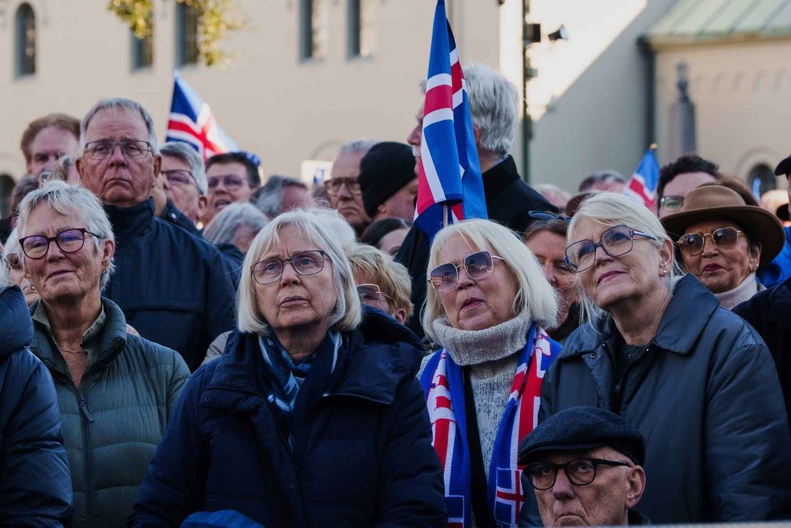 People listen to speakers at an "Afram Island," "Forward, Iceland" rally opposing the resumption of European Union accession talks at Austurvollur in Reykjavik, Iceland, Thursday, Aug. 27, 2026. People listen to speakers at an "Afram Island," "Forward, Iceland" rally opposing the resumption of European Union accession talks at Austurvollur in Reykjavik, Iceland, Thursday, Aug. 27, 2026.