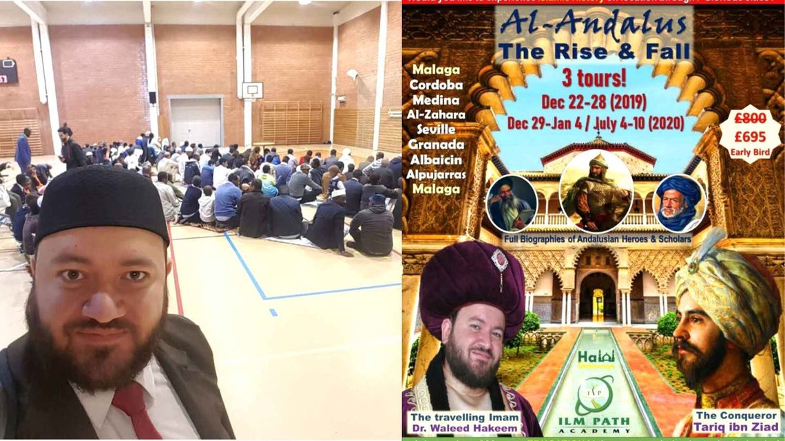 Waleed Hakeem during his years as an imam in Bodø, left, and a poster for the tours he organises on Islamic conquests. Many Muslims dream of making Al-Andalus, that is, Spain, Islamic again. Photo: Social media. Waleed Hakeem during his years as an imam in Bodø, left, and a poster for the tours he organises on Islamic conquests. Many Muslims dream of making Al-Andalus, that is, Spain, Islamic again. Photo: Social media.