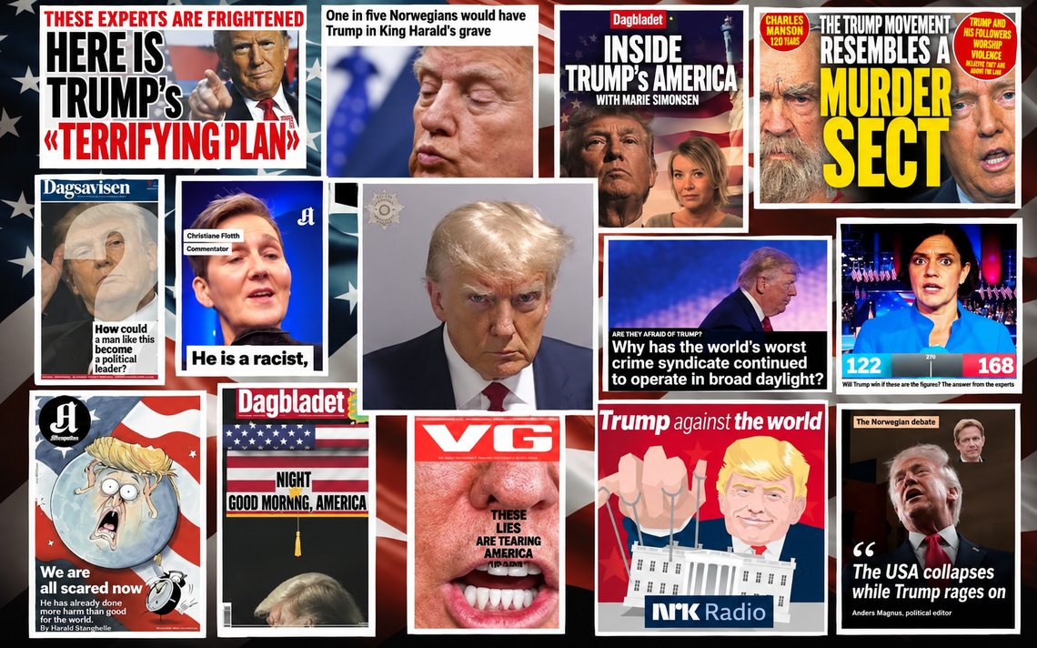 Various Norwegian newspaper front pages from the years with Donald Trump. Center image: Trump’s arrest photo, released by the Fulton County Sheriff’s Office in Georgia. August 24, 2023. Various Norwegian newspaper front pages from the years with Donald Trump. Center image: Trump’s arrest photo, released by the Fulton County Sheriff’s Office in Georgia. August 24, 2023.