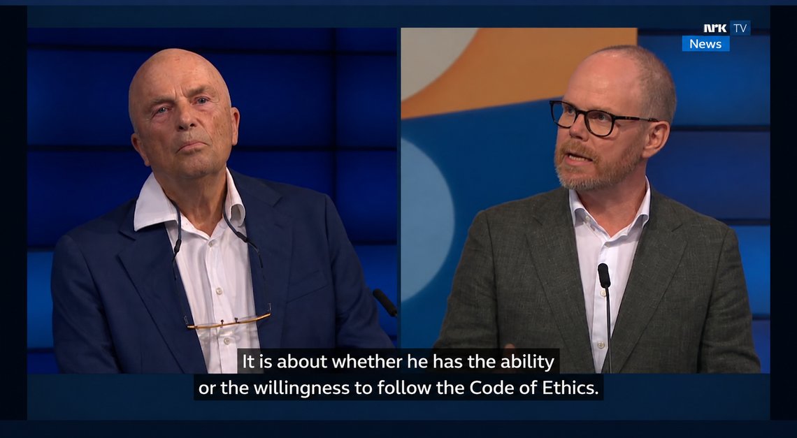 Hans Rustad, editor-in-chief of Document.no (left), and Gard Steiro, editor-in-chief of Norway’s largest tabloid, VG (Verdens Gang). The on-screen text has been AI-translated. Hans Rustad, editor-in-chief of Document.no (left), and Gard Steiro, editor-in-chief of Norway’s largest tabloid, VG (Verdens Gang). The on-screen text has been AI-translated.