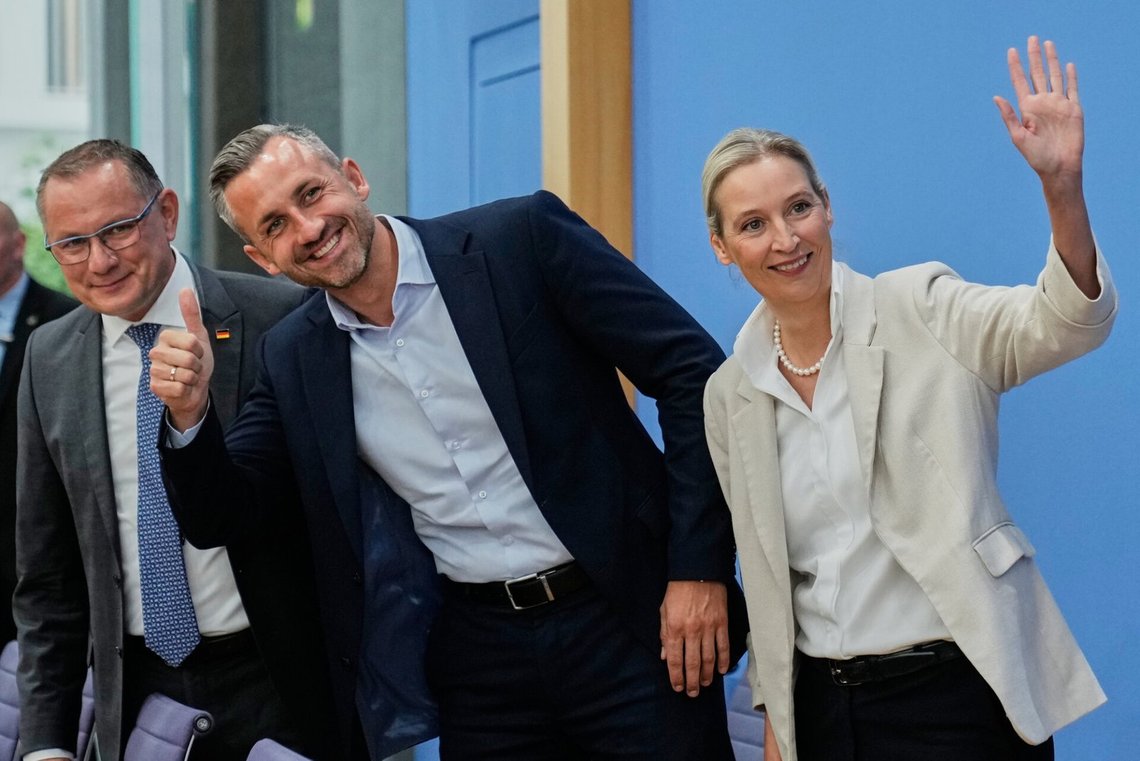 AfD leaders Alice Weidel (right), Tino Chrupalla (left) and Ulrich Siegmund (centre). Berlin, Germany, 7 September 2026. AfD leaders Alice Weidel (right), Tino Chrupalla (left) and Ulrich Siegmund (centre). Berlin, Germany, 7 September 2026.