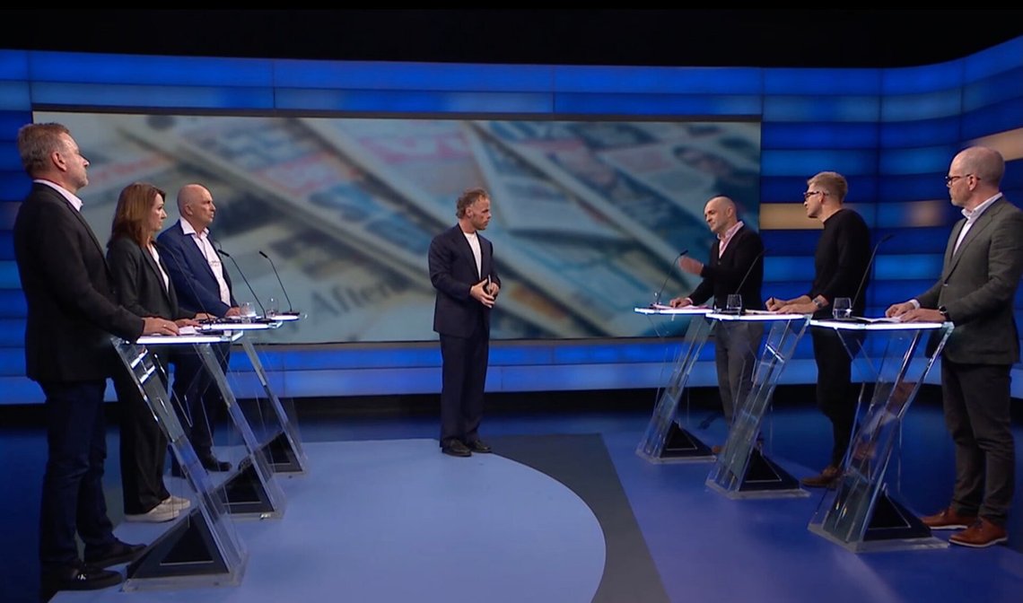 Document.no's editor-in-chief (top left) Hans Rustad attends the bi-weekly debate at Norway's state broadcaster. Video still: NRK. Document.no's editor-in-chief (top left) Hans Rustad attends the bi-weekly debate at Norway's state broadcaster. Video still: NRK.
