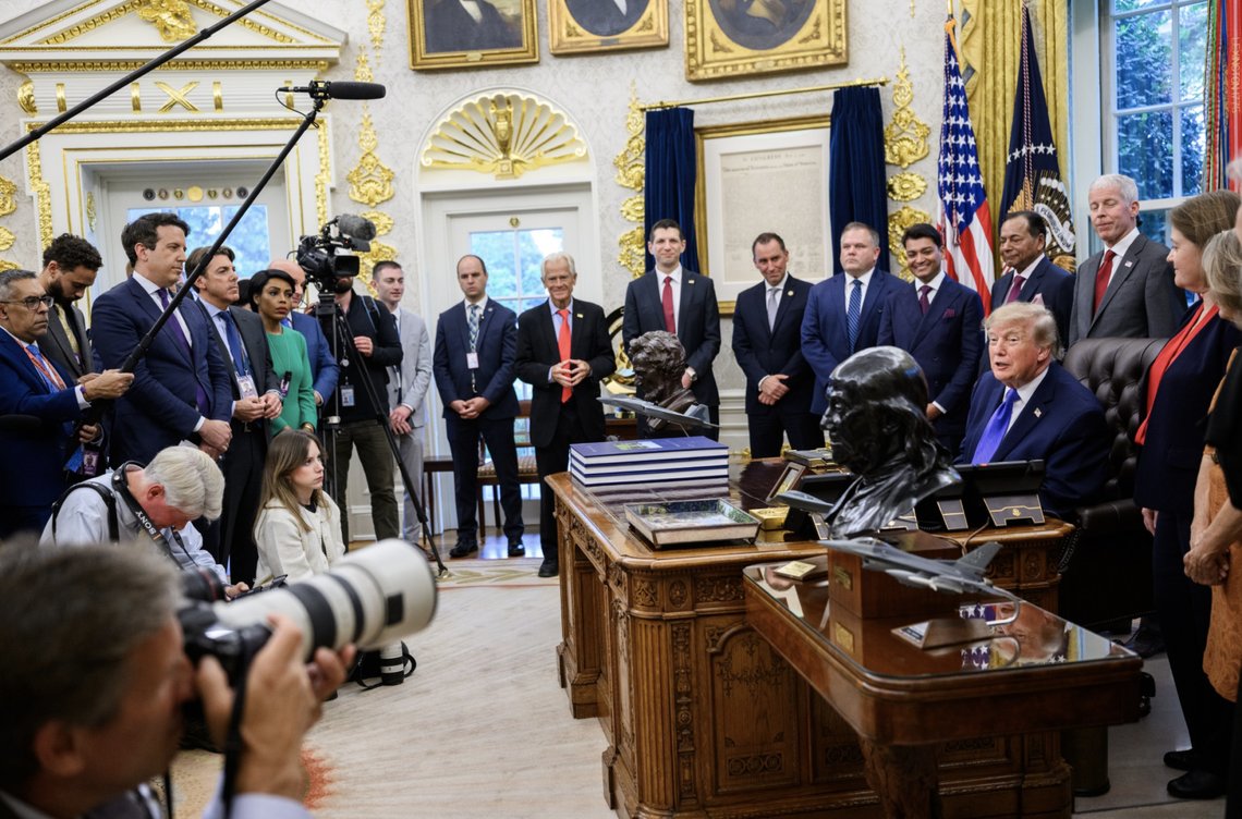 President Donald Trump, seated and from right, speaks with reporters alongside Energy Secretary Chris Wright, Essar Capital Director Prashant Ruia, Mesabi Metallics Chairman Rewant Ruia, Mesabi Metallics CEO Joe Broking, Jarrod Agen, executive director of the National Energy Dominance Council, David Copley, senior director for global supply chain at the National Security Council, and White House trade counselor Peter Navarro in the Oval Office of the White House, Monday, Sept. 28, 2026, in Photo: Washington. WhiteHouse.gov President Donald Trump, seated and from right, speaks with reporters alongside Energy Secretary Chris Wright, Essar Capital Director Prashant Ruia, Mesabi Metallics Chairman Rewant Ruia, Mesabi Metallics CEO Joe Broking, Jarrod Agen, executive director of the National Energy Dominance Council, David Copley, senior director for global supply chain at the National Security Council, and White House trade counselor Peter Navarro in the Oval Office of the White House, Monday, Sept. 28, 2026, in Photo: Washington. WhiteHouse.gov