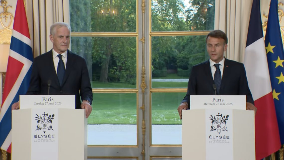 Norwegian Prime Minister Jonas Gahr Støre meeting French President Emmanuel Macron at the Élysée Palace in Paris, 27 May 2026. Video still. Norwegian Prime Minister Jonas Gahr Støre meeting French President Emmanuel Macron at the Élysée Palace in Paris, 27 May 2026. Video still.