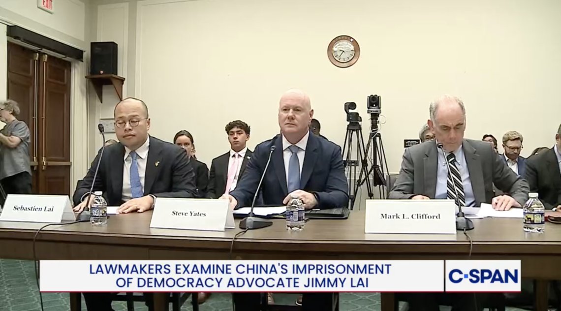 Sebastien Lai, right, with Rep. Chris Smith, R-N.J., during a Congressional Executive Commission on China on the continued imprisonment of his father Jimmy Lai on Capitol Hill, Wednesday, Sept. 16, 2026, in Washington. Video still. Sebastien Lai, right, with Rep. Chris Smith, R-N.J., during a Congressional Executive Commission on China on the continued imprisonment of his father Jimmy Lai on Capitol Hill, Wednesday, Sept. 16, 2026, in Washington. Video still.