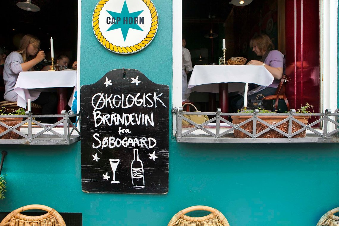 All-Danish organic schnapps. Photo taken in Nyhavn, Copenhagen: Arnt Jensvoll. All-Danish organic schnapps. Photo taken in Nyhavn, Copenhagen: Arnt Jensvoll.