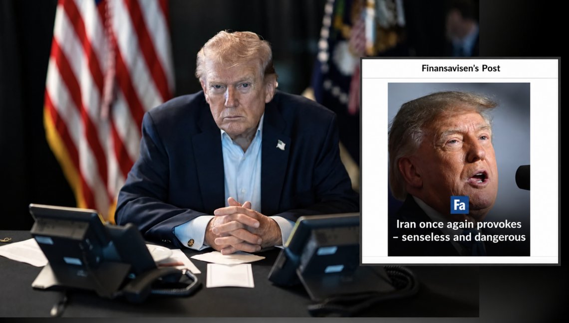 President Trump during a meeting on ‘Operation Epic Fury’. Photo: The White House (fair use). Inset: Screenshot from Finansavisen: Iran remarks provoke outrage: ‘Insane and dangerous’. President Trump during a meeting on ‘Operation Epic Fury’. Photo: The White House (fair use). Inset: Screenshot from Finansavisen: Iran remarks provoke outrage: ‘Insane and dangerous’.
