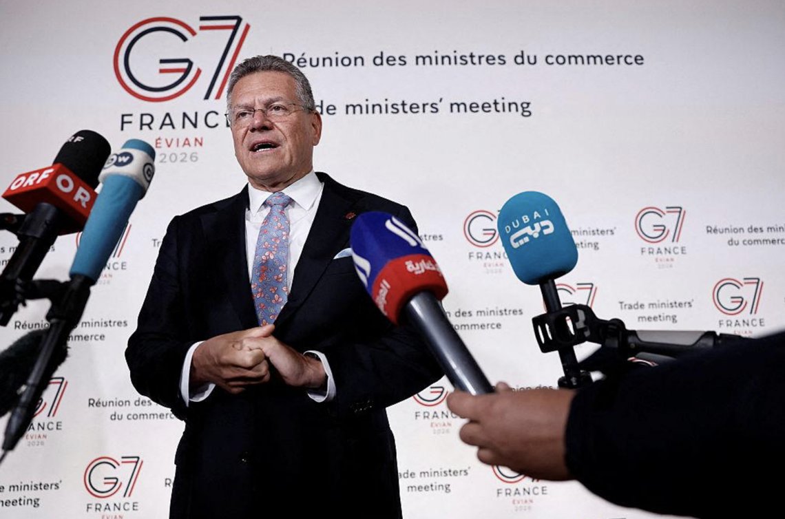 European Commissioner for Trade and Economic Security Maros Sefcovic speaks to the media as he arrives to attend a meeting of G7 trade ministers in Paris, France, Wednesday, May 6, 2026. Video still. European Commissioner for Trade and Economic Security Maros Sefcovic speaks to the media as he arrives to attend a meeting of G7 trade ministers in Paris, France, Wednesday, May 6, 2026. Video still.