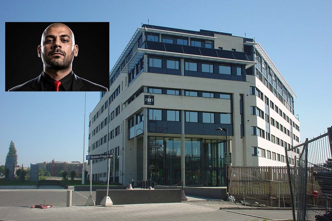 The headquarters of the Norwegian Police Security Service (PST) in Oslo. Inset: Kian Javidian Keshmiri (private photograph). Photo: Penneknekt / CC BY-SA 3.0. The headquarters of the Norwegian Police Security Service (PST) in Oslo. Inset: Kian Javidian Keshmiri (private photograph). Photo: Penneknekt / CC BY-SA 3.0.