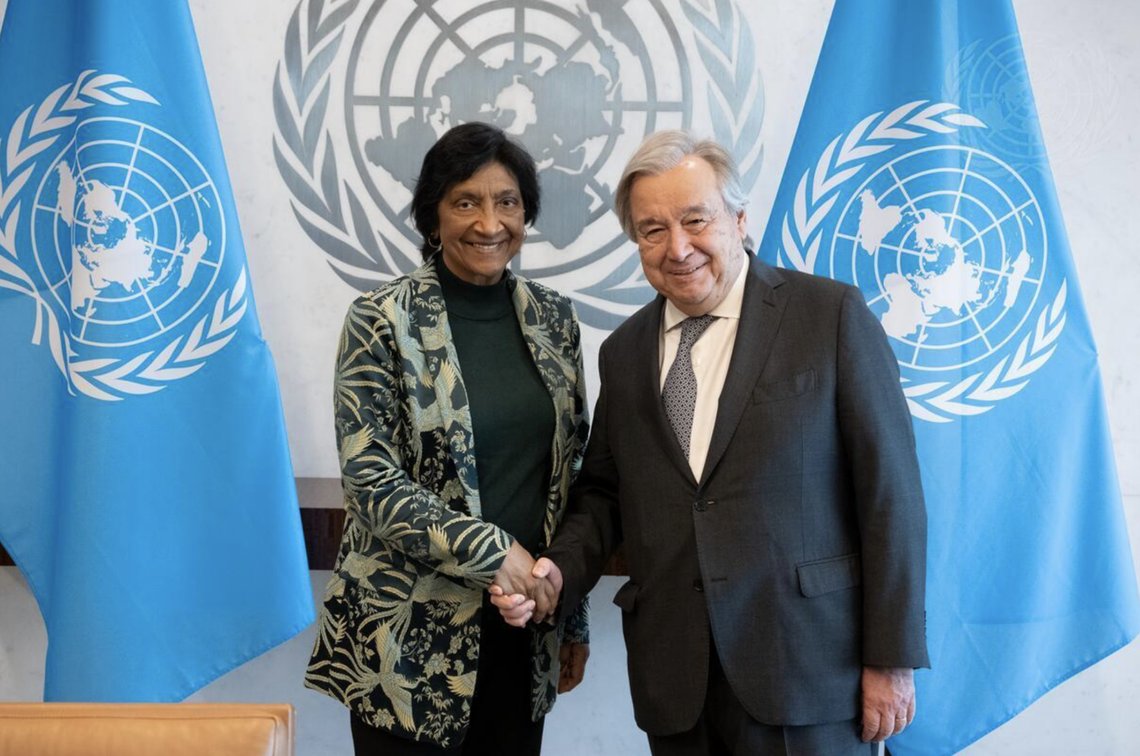 2026 Nobel Peace Prize laureate Navi Pillay (left), former UN High Commissioner for Human Rights, with United Nations Secretary-General António Guterres (right), a former Portuguese prime minister. Photo: United Nations. 2026 Nobel Peace Prize laureate Navi Pillay (left), former UN High Commissioner for Human Rights, with United Nations Secretary-General António Guterres (right), a former Portuguese prime minister. Photo: United Nations.