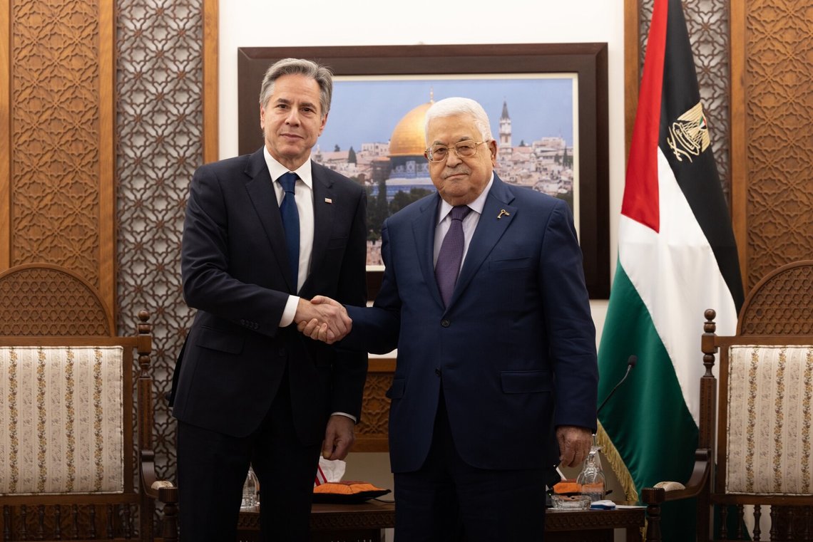 Secretary Antony J. Blinken meets with Palestinian President Mahmoud Abbas at the Muqata in Ramallah, West Bank, November 5, 2023. (Official State Department photo by Chuck Kennedy) Secretary Antony J. Blinken meets with Palestinian President Mahmoud Abbas at the Muqata in Ramallah, West Bank, November 5, 2023. (Official State Department photo by Chuck Kennedy)