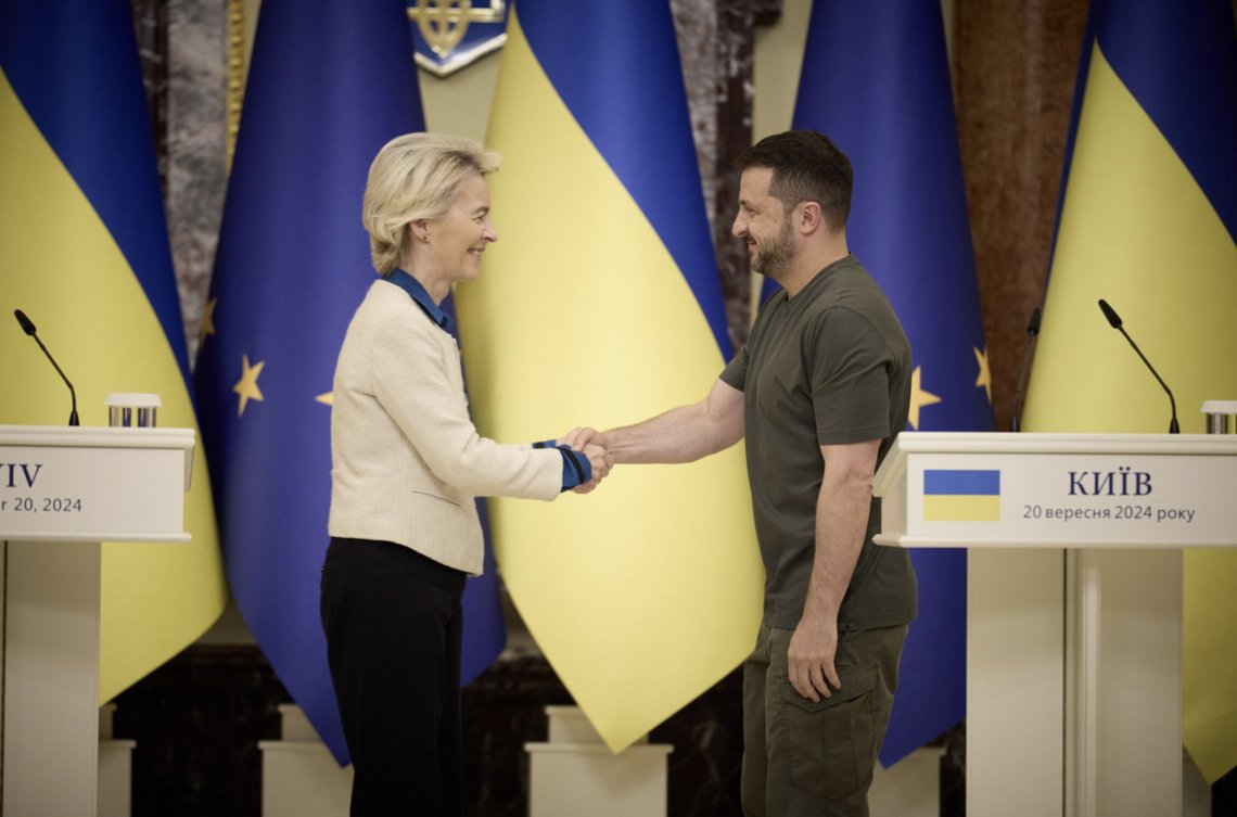 Ukrainian President Volodymyr Zelenskyy meets European Commission President Ursula von der Leyen in Kyiv on 20 September 2024. Photo: President of Ukraine / Wikimedia Commons (CC0). Ukrainian President Volodymyr Zelenskyy meets European Commission President Ursula von der Leyen in Kyiv on 20 September 2024. Photo: President of Ukraine / Wikimedia Commons (CC0).