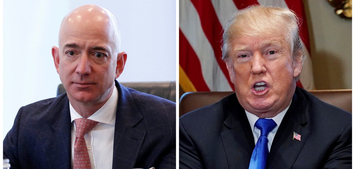 A combination photo shows Amazon CEO Jeff Bezos (L) in New York and U.S. President Donald Trump at the White House in Washington, DC, U.S. on December 14, 2016 and on December 20, 2017 respectively. REUTERS/Shannon Stapleton (L) Jonathan Ernst (R)/Files A combination photo shows Amazon CEO Jeff Bezos (L) in New York and U.S. President Donald Trump at the White House in Washington, DC, U.S. on December 14, 2016 and on December 20, 2017 respectively. REUTERS/Shannon Stapleton (L) Jonathan Ernst (R)/Files