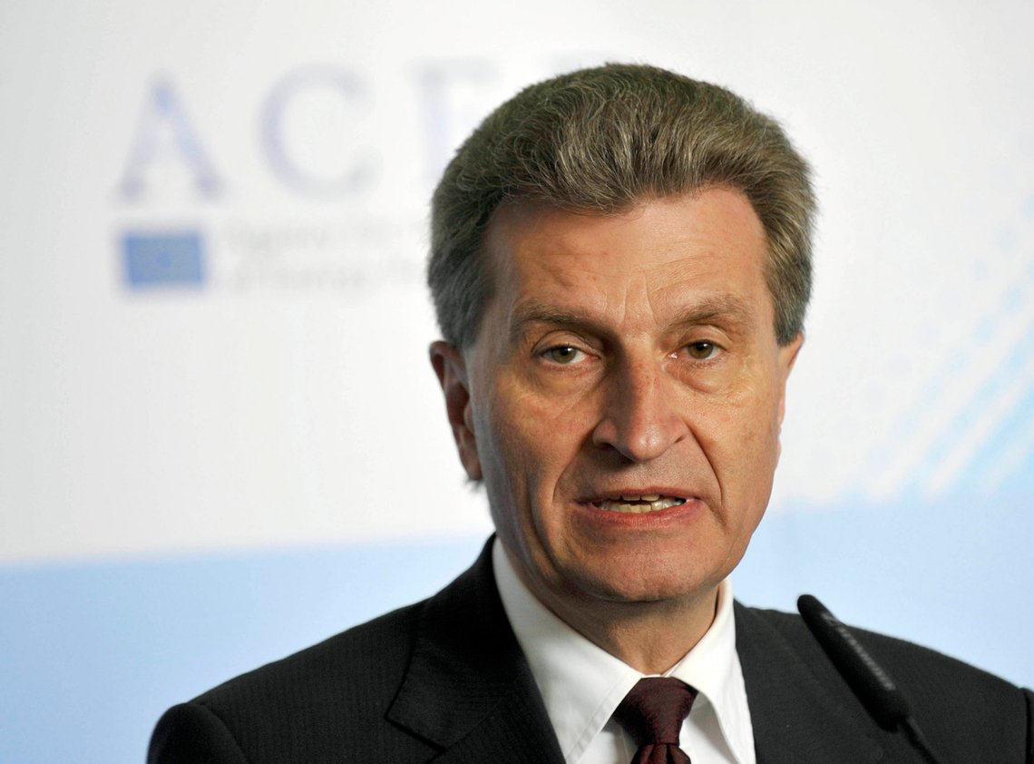 EU Commissioner for Energy Guenther Oettinger speaks during the opening of a new EU regulatory body ACER that will be tasked with enforcing new energy liberalisation rules in Ljubljana March 03, 2011. The body is the first EU agency based in Slovenia. REUTERS/Srdjan Zivulovic (REUTERS - Tags: POLITICS) EU Commissioner for Energy Guenther Oettinger speaks during the opening of a new EU regulatory body ACER that will be tasked with enforcing new energy liberalisation rules in Ljubljana March 03, 2011. The body is the first EU agency based in Slovenia. REUTERS/Srdjan Zivulovic (REUTERS - Tags: POLITICS)