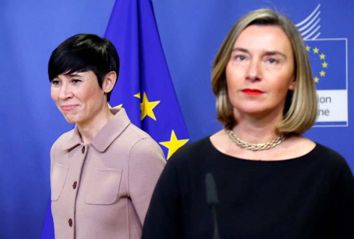 Norway's Foreign Minister Ine Marie Eriksen Soreide and European Union's foreign policy chief Federica Mogherini arrive to brief the media at the start of a session of the International Donor Group for Palestine at the EU Commission headquarters in Brussels, Belgium, January 31, 2018. REUTERS/Francois Lenoir Norway's Foreign Minister Ine Marie Eriksen Soreide and European Union's foreign policy chief Federica Mogherini arrive to brief the media at the start of a session of the International Donor Group for Palestine at the EU Commission headquarters in Brussels, Belgium, January 31, 2018. REUTERS/Francois Lenoir