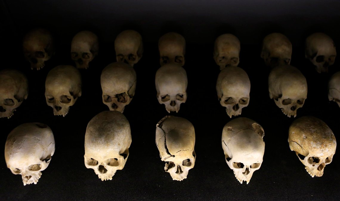 Preserved human skulls are seen on display at the Kigali Genocide Memorial Centre, as the country prepares to commemorate the twentieth anniversary of the 1994 genocide in the Rwandan capital Kigali April 5, 2014. An estimated 800,000 people were killed in 100 days during this genocide. REUTERS/Noor Khamis (RWANDA - Tags: ANNIVERSARY CIVIL UNREST POLITICS) Preserved human skulls are seen on display at the Kigali Genocide Memorial Centre, as the country prepares to commemorate the twentieth anniversary of the 1994 genocide in the Rwandan capital Kigali April 5, 2014. An estimated 800,000 people were killed in 100 days during this genocide. REUTERS/Noor Khamis (RWANDA - Tags: ANNIVERSARY CIVIL UNREST POLITICS)