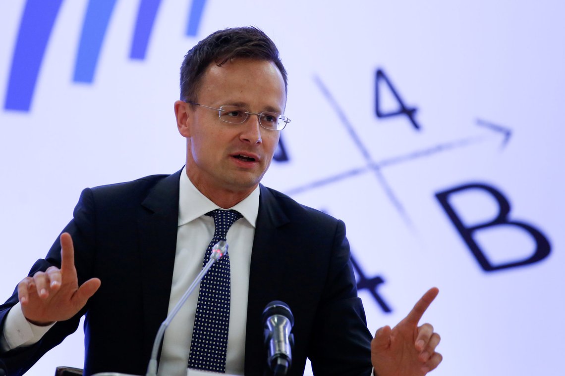 Hungarian Foreign Minister Peter Szijjarto speaks at a joint news conference with his Greek counterpart Nikos Kotzias (not pictured) during the "Visegrad-4 plus Balkan-4 plus" meeting in Sounion, Greece, May 11, 2018. REUTERS/Costas Baltas Hungarian Foreign Minister Peter Szijjarto speaks at a joint news conference with his Greek counterpart Nikos Kotzias (not pictured) during the "Visegrad-4 plus Balkan-4 plus" meeting in Sounion, Greece, May 11, 2018. REUTERS/Costas Baltas