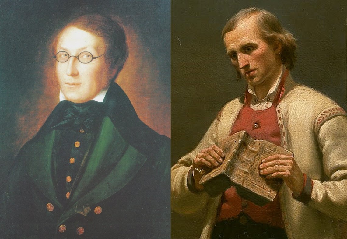 Carl Peter Lehmanns portrett av Henrik Wergeland og detalj av Hans Nielsen Hauge i Adolph Tidemands «Haugianerne». Carl Peter Lehmanns portrett av Henrik Wergeland og detalj av Hans Nielsen Hauge i Adolph Tidemands «Haugianerne».
