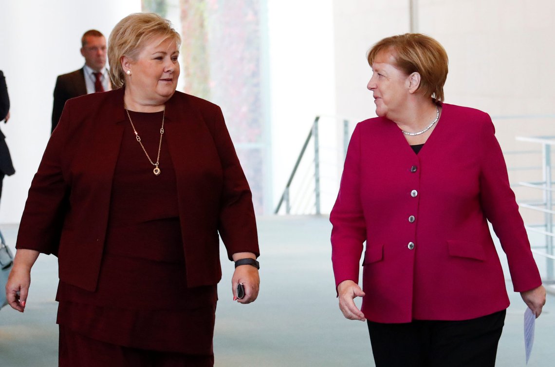 German Chancellor Angela Merkel and Norwegian Prime Minister Erna Solberg arrive to deliver a statement at the chancellery in Berlin, Germany, October 16, 2018. REUTERS/Fabrizio Bensch German Chancellor Angela Merkel and Norwegian Prime Minister Erna Solberg arrive to deliver a statement at the chancellery in Berlin, Germany, October 16, 2018. REUTERS/Fabrizio Bensch