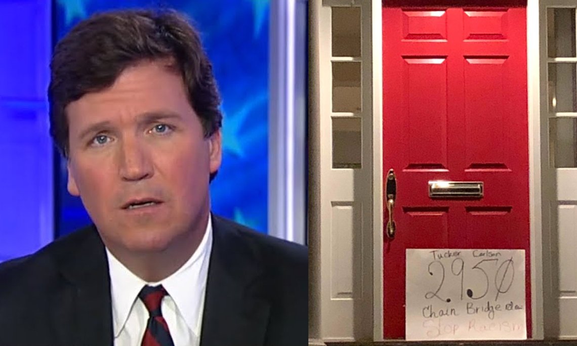 Hjemmet til Tucker Carlson fikk venstreekstremister på døren mens han var på jobb. Kona var hjemme. Fotografier: YouTube og Smash Racism D.C. / Reuters / Scanpix. Hjemmet til Tucker Carlson fikk venstreekstremister på døren mens han var på jobb. Kona var hjemme. Fotografier: YouTube og Smash Racism D.C. / Reuters / Scanpix.