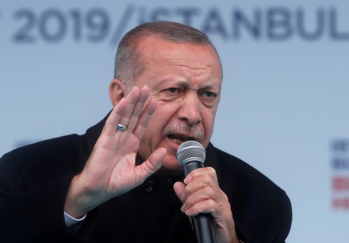 FILE PHOTO: Turkish President Tayyip Erdogan addresses his supporters during a rally for the upcoming local elections, in Istanbul, Turkey March 12, 2019. REUTERS/Murad Sezer/File Photo FILE PHOTO: Turkish President Tayyip Erdogan addresses his supporters during a rally for the upcoming local elections, in Istanbul, Turkey March 12, 2019. REUTERS/Murad Sezer/File Photo