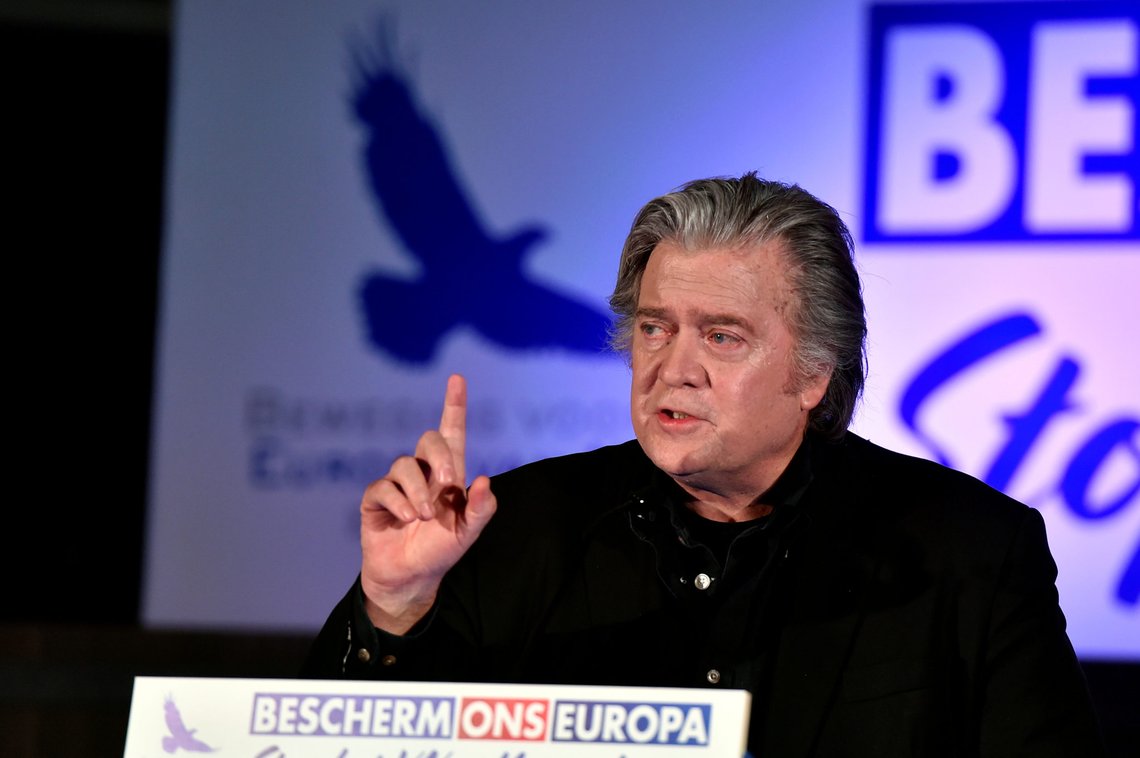 FILE PHOTO: Steve Bannon delivers a speech during a meeting to discuss the Marrakesh Treaty in Brussels, Belgium, December 8, 2018. REUTERS/Eric Vidal/File Photo FILE PHOTO: Steve Bannon delivers a speech during a meeting to discuss the Marrakesh Treaty in Brussels, Belgium, December 8, 2018. REUTERS/Eric Vidal/File Photo