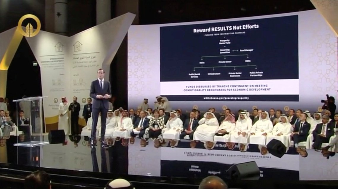 White House senior adviser Jared Kushner gives a speech at the opening of the "Peace to Prosperity" conference in Manama, Bahrain, June 25, 2019 in this still image taken from a video. Peace And Prosperity conference pool/Reuters TV via REUTERS NO RESALES. NO ARCHIVES. White House senior adviser Jared Kushner gives a speech at the opening of the "Peace to Prosperity" conference in Manama, Bahrain, June 25, 2019 in this still image taken from a video. Peace And Prosperity conference pool/Reuters TV via REUTERS NO RESALES. NO ARCHIVES.