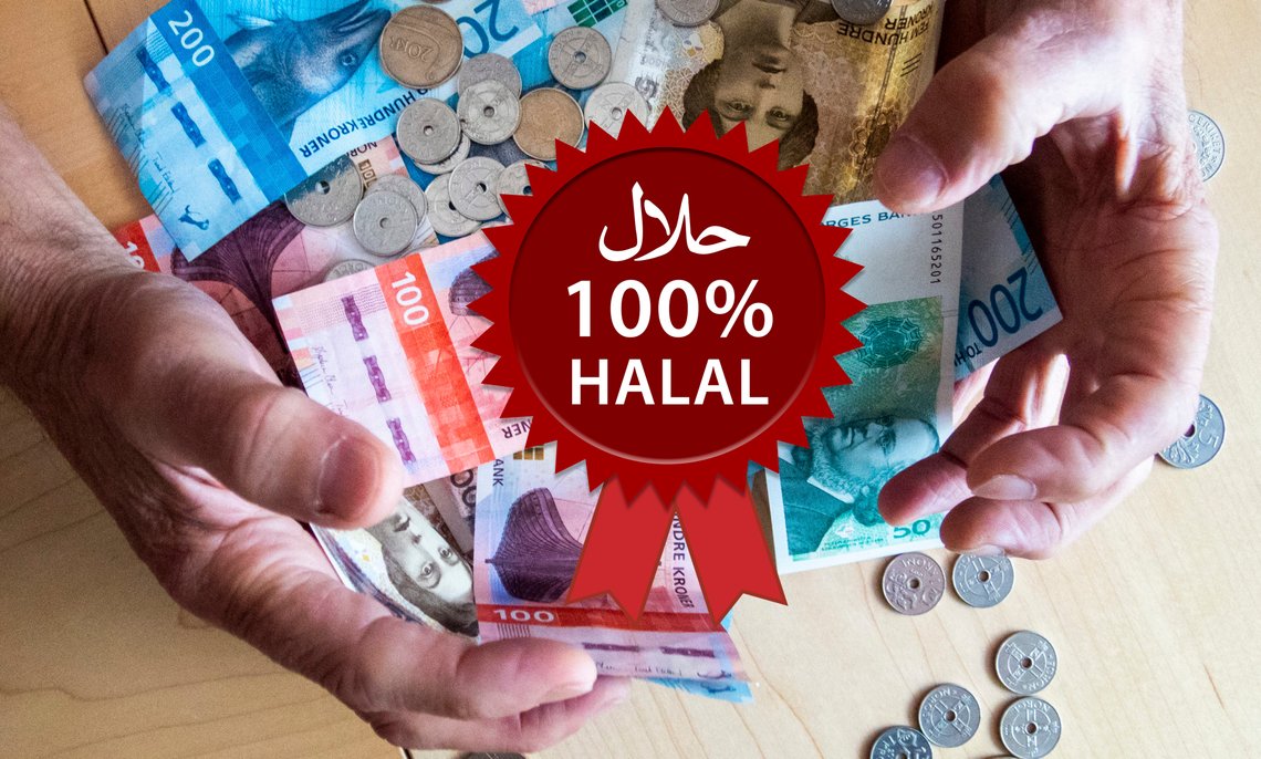 Norske mynter og pengesedler. Foto: Gorm Kallestad / NTB scanpix. Halal-stempel: Pixabay. Norske mynter og pengesedler. Foto: Gorm Kallestad / NTB scanpix. Halal-stempel: Pixabay.