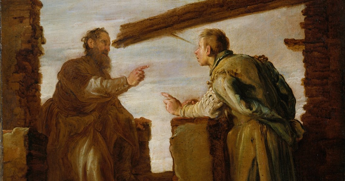 Domenico Fetti (ca. 1589–1623), «Lignelsen om flisen og bjelken» (ca. 1619), etter Matteus 7:3–5, olje på tre, 61,3 × 44,1 cm, Metropolitan Museum of Art, New York. Foto: Wikimedia (utsnitt). Domenico Fetti (ca. 1589–1623), «Lignelsen om flisen og bjelken» (ca. 1619), etter Matteus 7:3–5, olje på tre, 61,3 × 44,1 cm, Metropolitan Museum of Art, New York. Foto: Wikimedia (utsnitt).