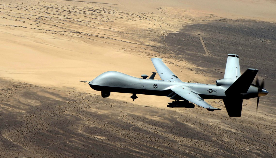Mandatory Credit: Photo by Senior Airman Cory Payne/USAF/REX (5259313b)General Atomics MQ-9 Reaper (formerly named Predator B) unmanned aerial vehicle (UAV) or droneUS Air Force remotely piloted aircraft - 2015Between August and October of 2014 the Remotely Piloted Aircraft community participated in operations which provided aid to Iraqi citizens who were being threatened by the Islamic State of Iraq and the Levant on Mount Sinjar, Iraq. Overall, the airdrops, provided 682 bundles of supplies containing 362,212 bottles of drinking water, 116,316 meals, 1,008 tents and 1,124 lanterns to Sinjar, and 145 bundles, 96,226 water bottles and 12,137 meals to Amirili Mandatory Credit: Photo by Senior Airman Cory Payne/USAF/REX (5259313b)General Atomics MQ-9 Reaper (formerly named Predator B) unmanned aerial vehicle (UAV) or droneUS Air Force remotely piloted aircraft - 2015Between August and October of 2014 the Remotely Piloted Aircraft community participated in operations which provided aid to Iraqi citizens who were being threatened by the Islamic State of Iraq and the Levant on Mount Sinjar, Iraq. Overall, the airdrops, provided 682 bundles of supplies containing 362,212 bottles of drinking water, 116,316 meals, 1,008 tents and 1,124 lanterns to Sinjar, and 145 bundles, 96,226 water bottles and 12,137 meals to Amirili