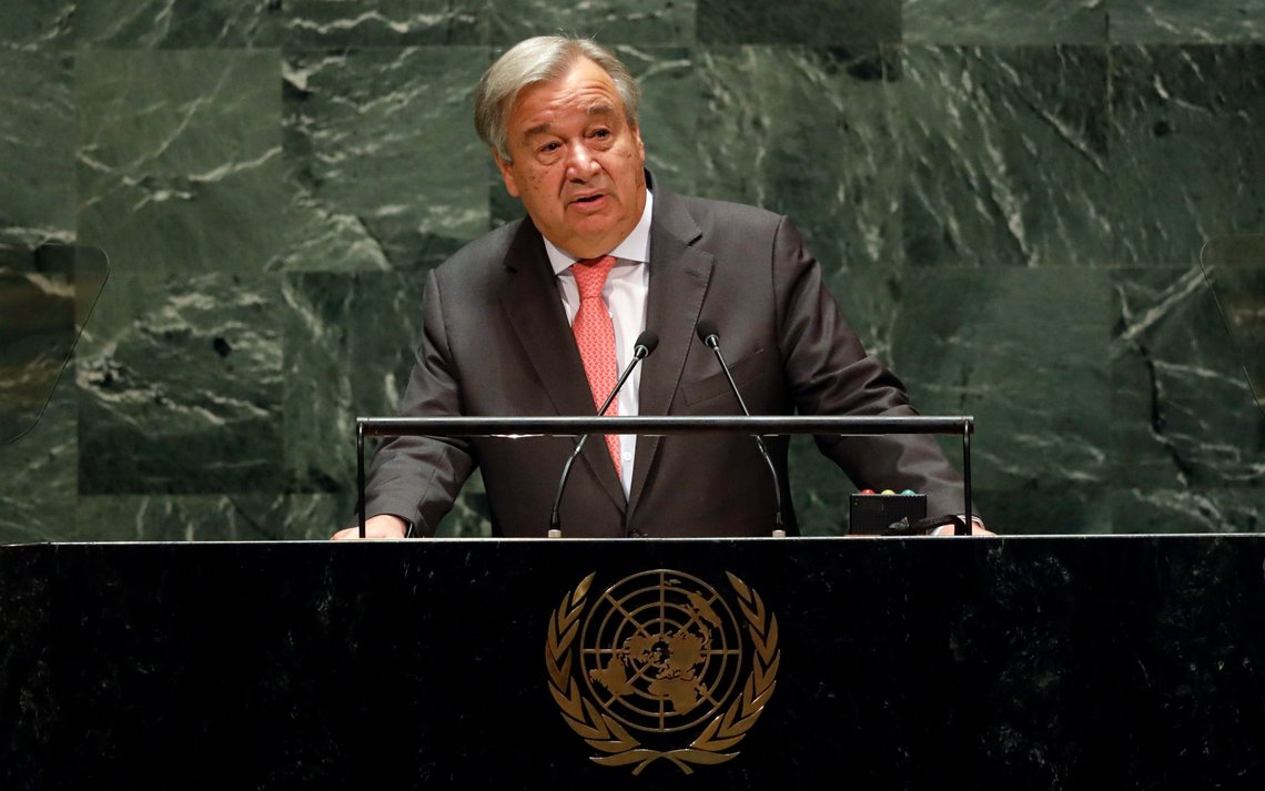 UN Secretary General Antonio Guterres addresses the 74th session of the United Nations General Assembly, Tuesday, Sept. 24, 2019. (AP Photo/Richard Drew) UN Secretary General Antonio Guterres addresses the 74th session of the United Nations General Assembly, Tuesday, Sept. 24, 2019. (AP Photo/Richard Drew)